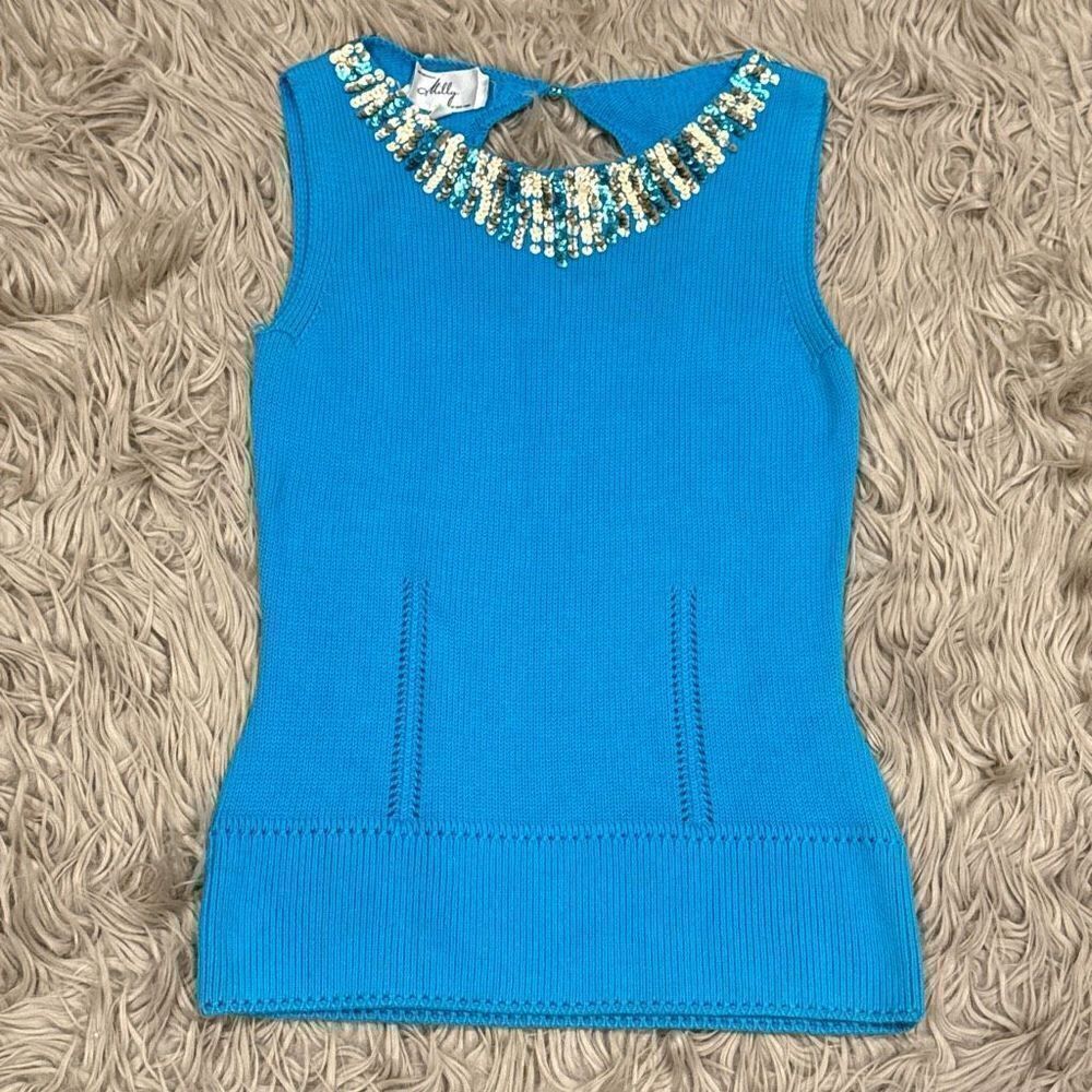 Milly Turquoise Beaded Neck Sleeveless Knit Top